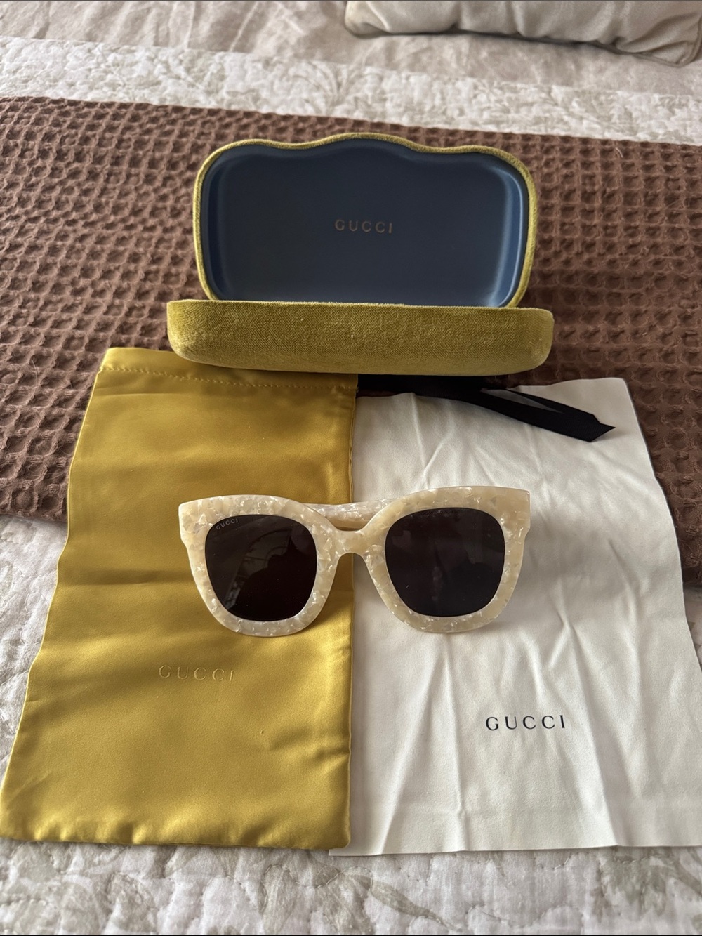 Gucci Women's Ivory Pearl Chunky Square Sunglasses with Dark Lenses